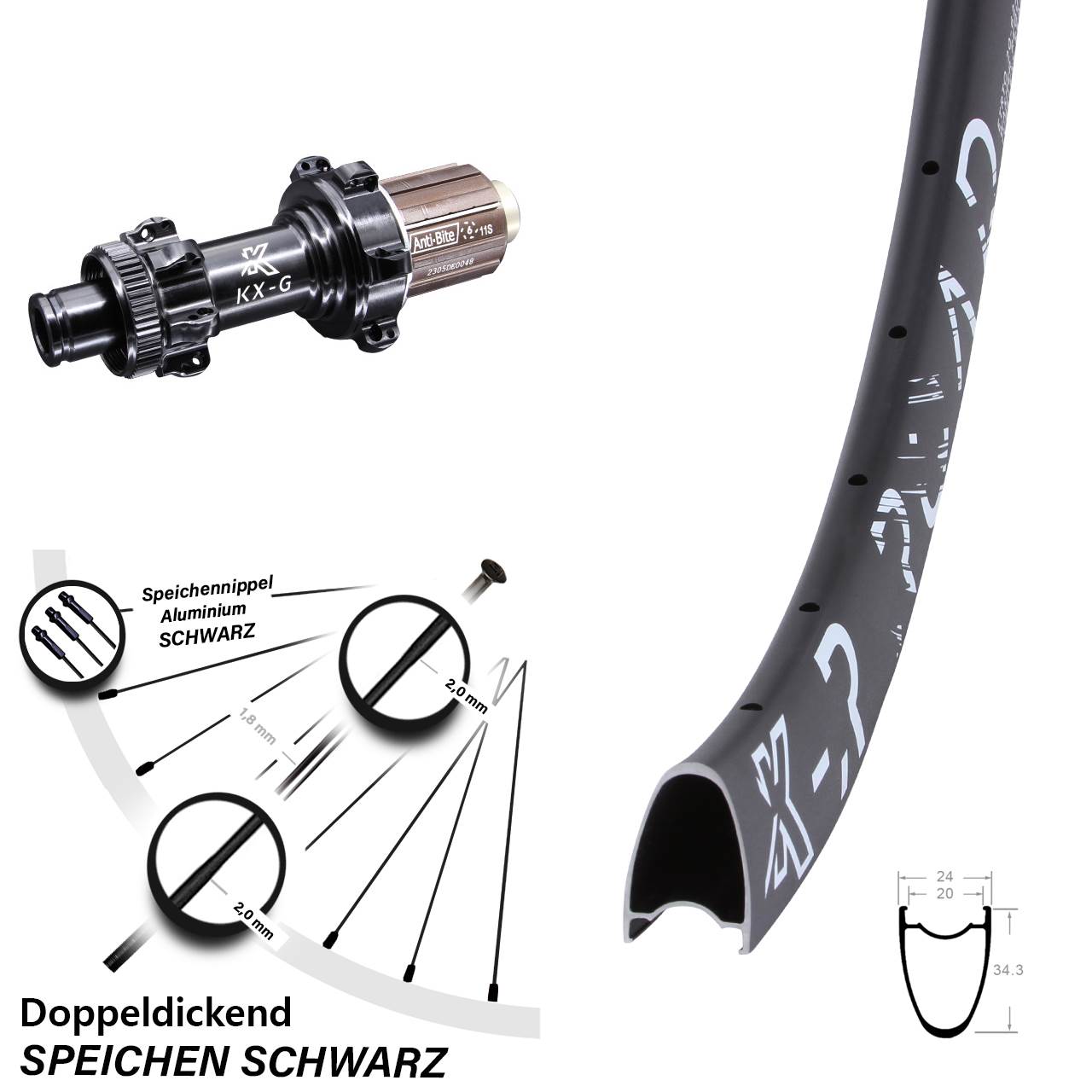 28 Zoll Hinterrad KX-R Road 12x142 Centerlock Straightpull schwarz 8-12 fach