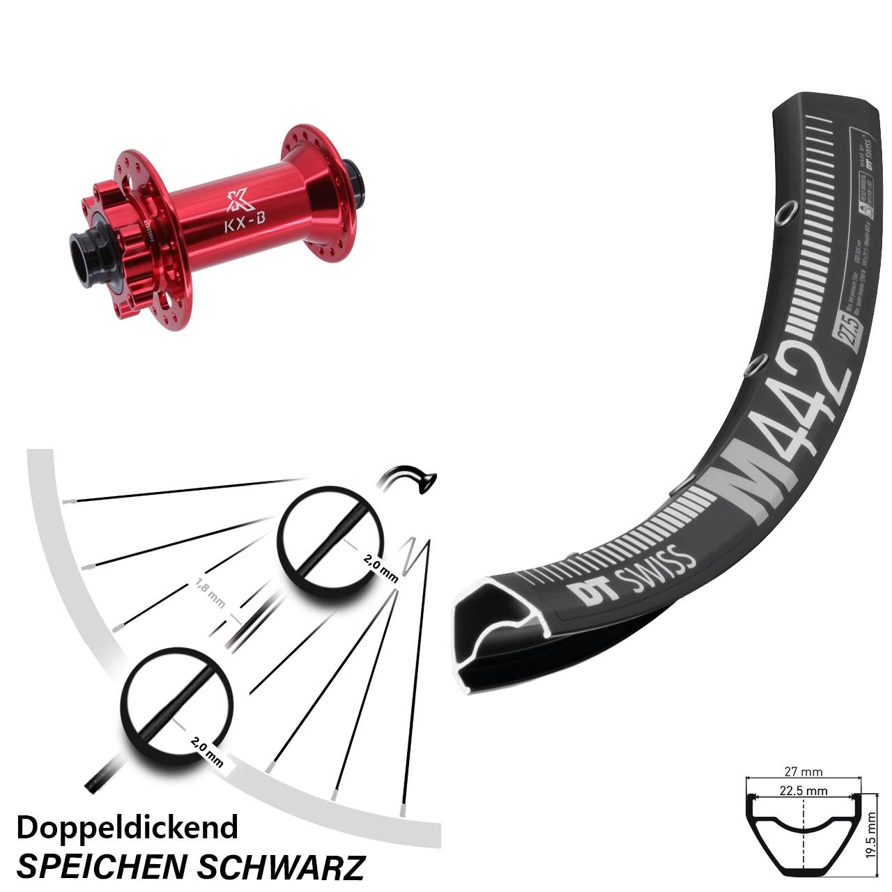 DT Swiss M442 KX-B rot 28-29 Zoll 6-Loch Vorderrad 15x110 Boost