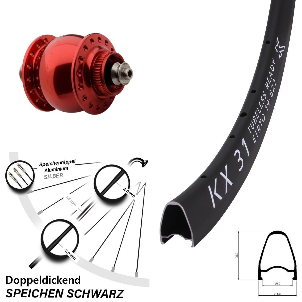 Disc Laufrad mit Nabendynamo für Schnellspanner KX31 SON 28 Zoll rot