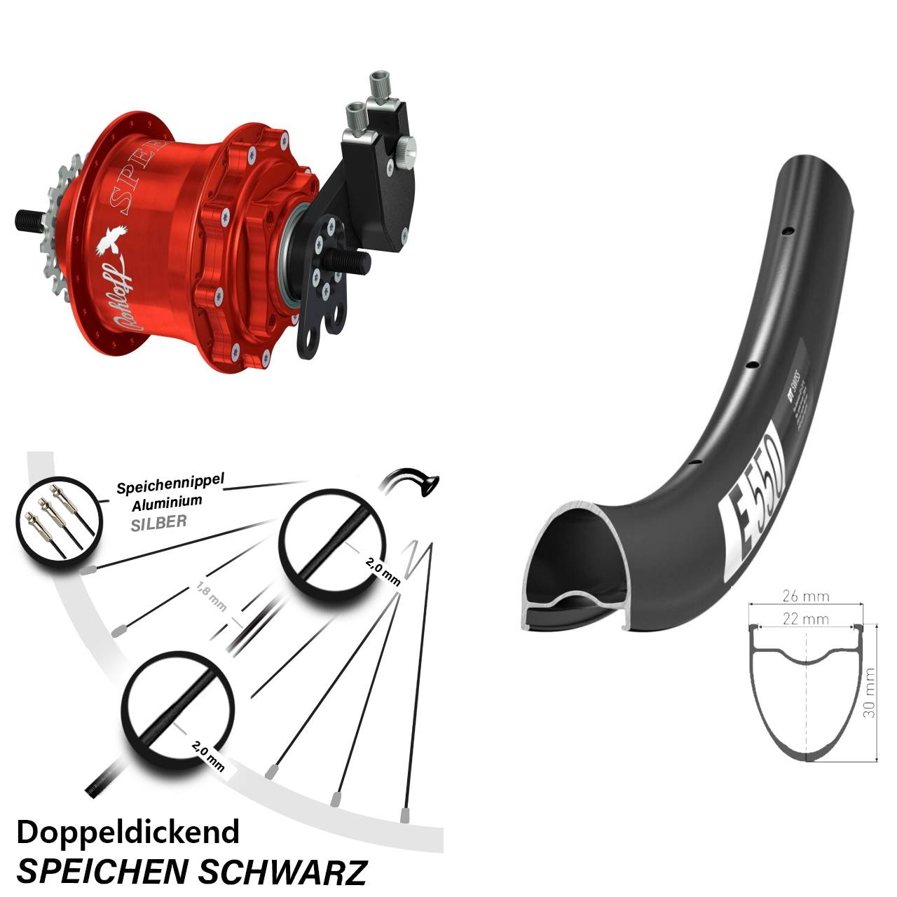 Hinterrad 28 Zoll DT Swiss E 550 Rohloff Speedhub 500/14 TS DB Tandem rot