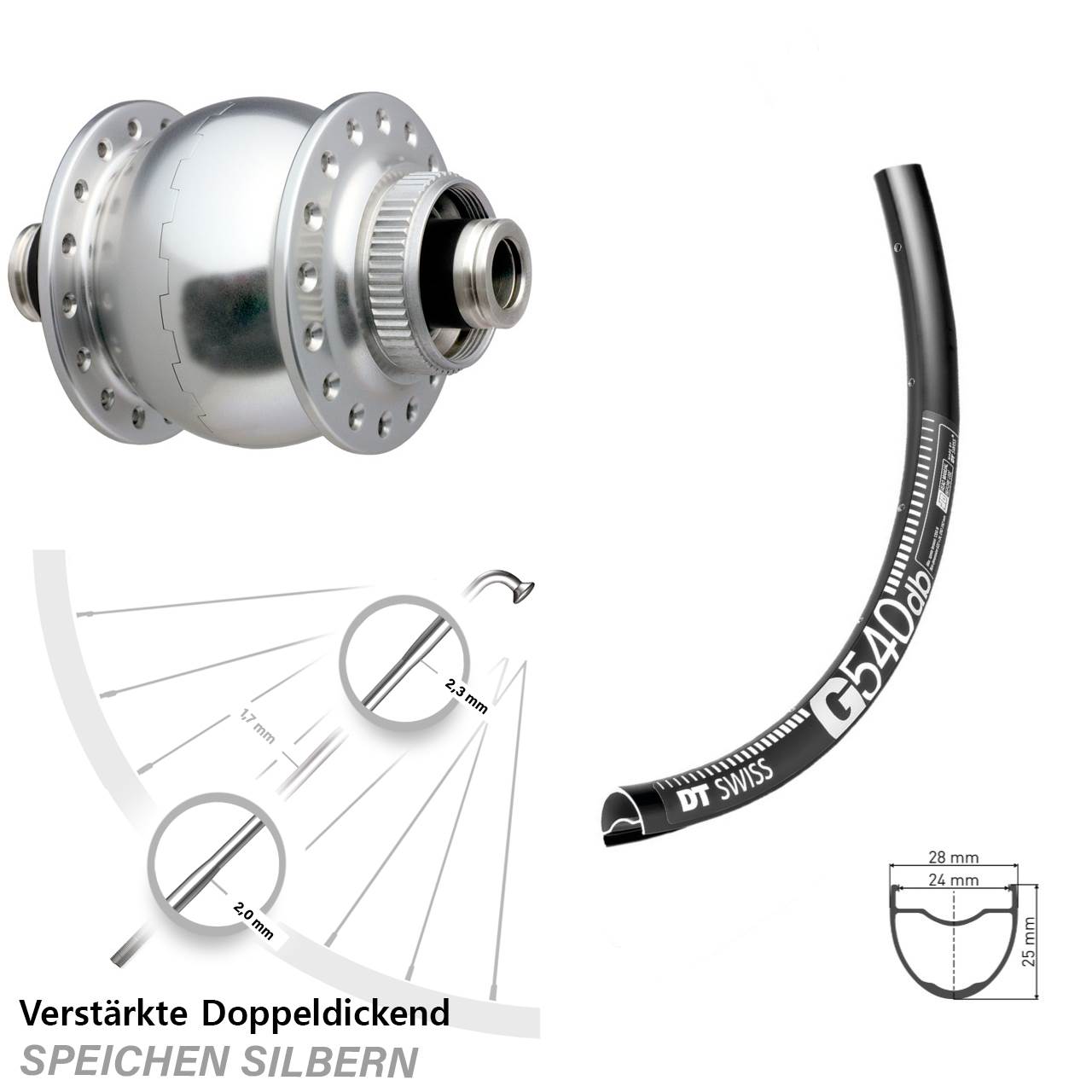 28 Zoll DT Swiss G540 SONdelux Disc Nabendynamovorderrad 12x100
