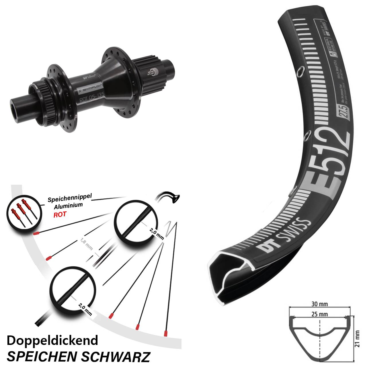 27,5 Zoll DT Swiss E 512-370 Hybrid Hinterrad Centerlock 12x142 Micro Spline