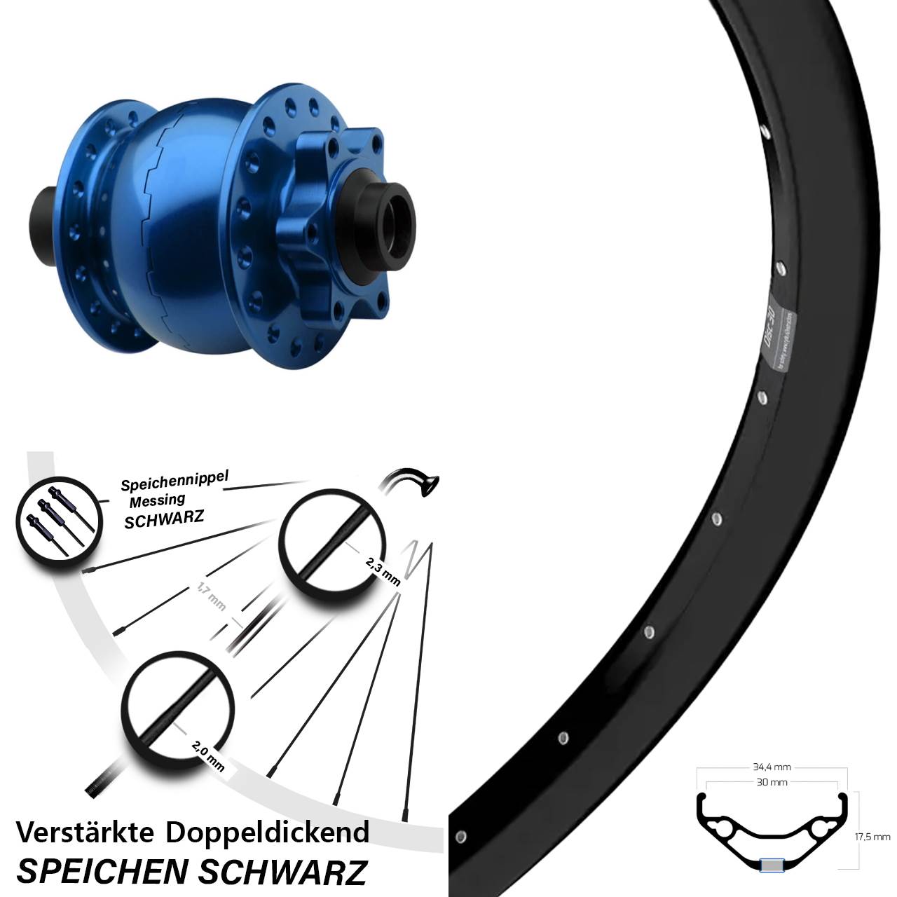 6-Loch Dynamo-Vorderrad 29 Zoll Ryde Disc 30 SON 28 blau 15x100