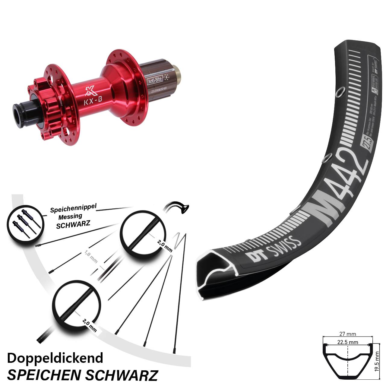 Hinterrad 6-Loch 29 Zoll DT Swiss M 442 KX-B rot 8-12 fach HG 12x148