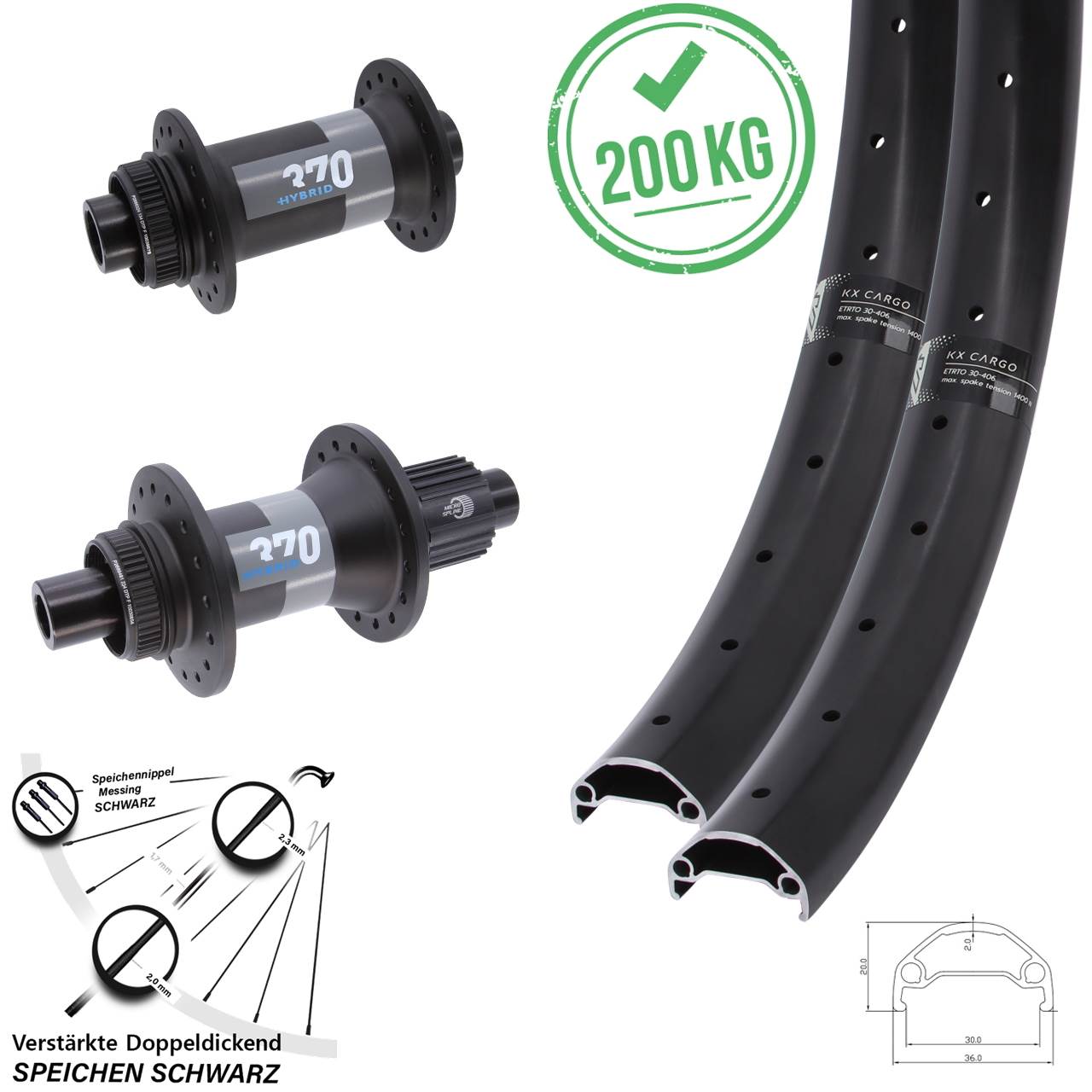KX Cargo DT Swiss 370 Hybrid 29 Zoll Disc Laufrad-Satz 15x110 12x148 Boost Micro Spline