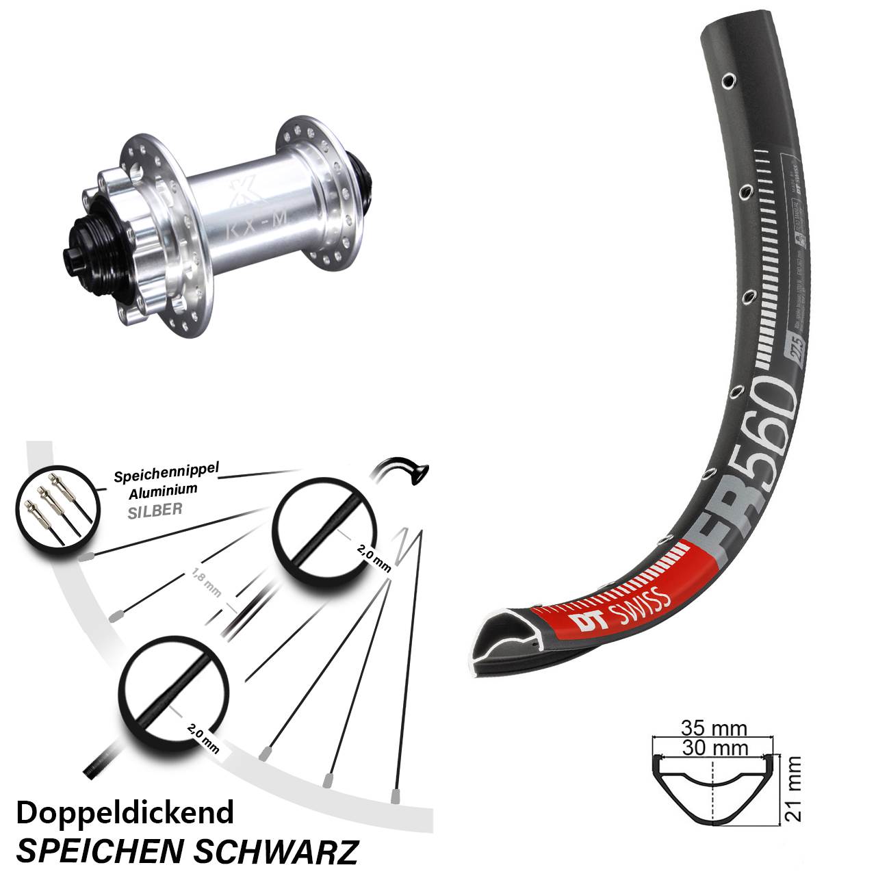 Laufrad 26 Zoll DT Swiss FR 560 Disc KX-M 6-Loch 5/100 silbern