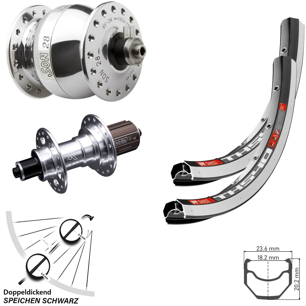 Laufrad-Satz polierter SON 28 Zoll DT Swiss TK 540 KX-T 8-12 fach QR