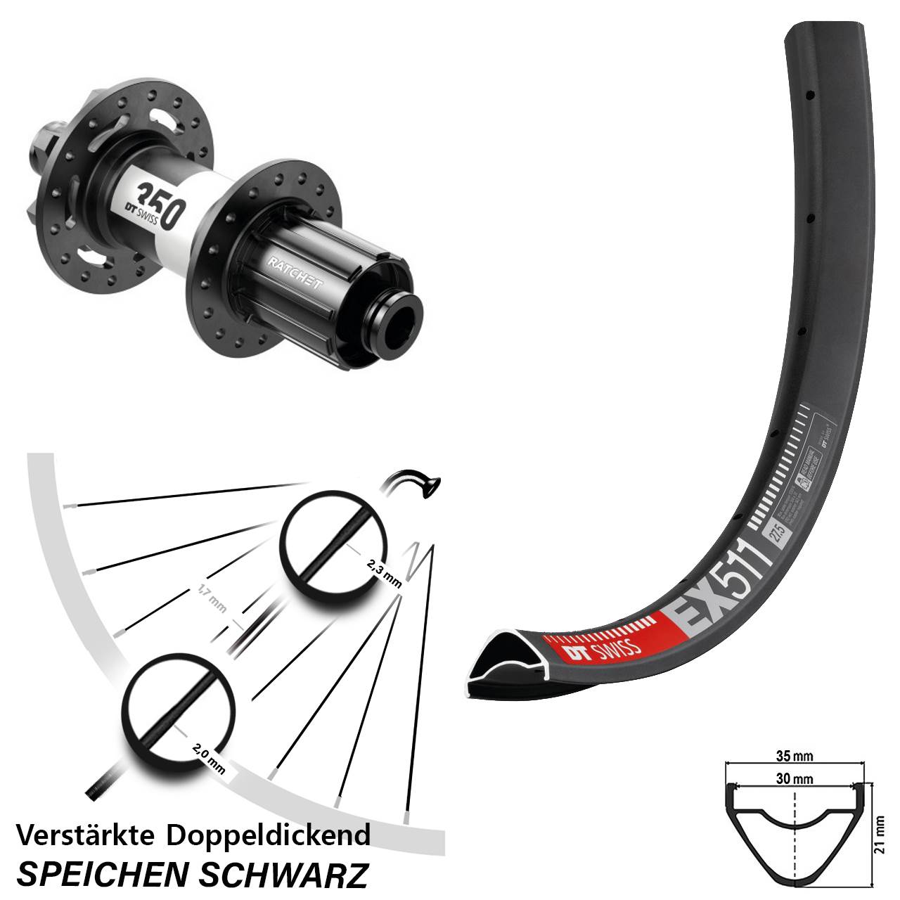 27,5 Zoll EX 511 DT Swiss 350 Disc Hinterrad 12x148 Boost 8-11 fach HG