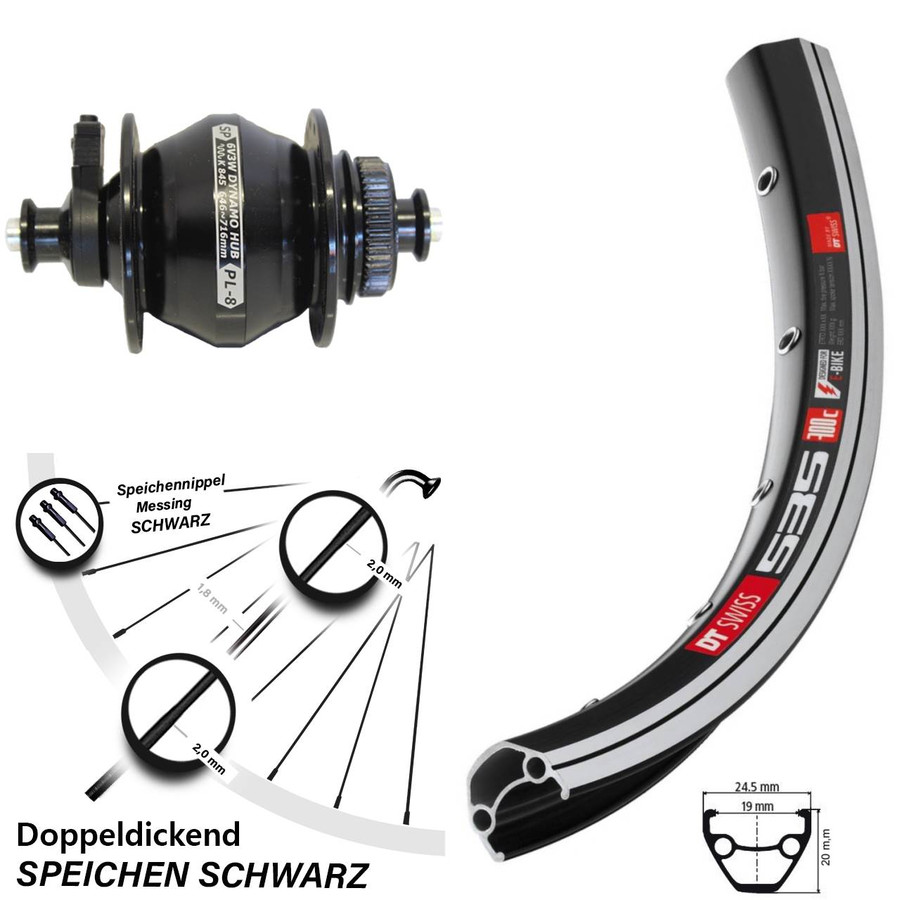 28 Zoll DT Swiss 535 Vorderrad schwarz mit Shutter Precision PL8 Nabendynamo
