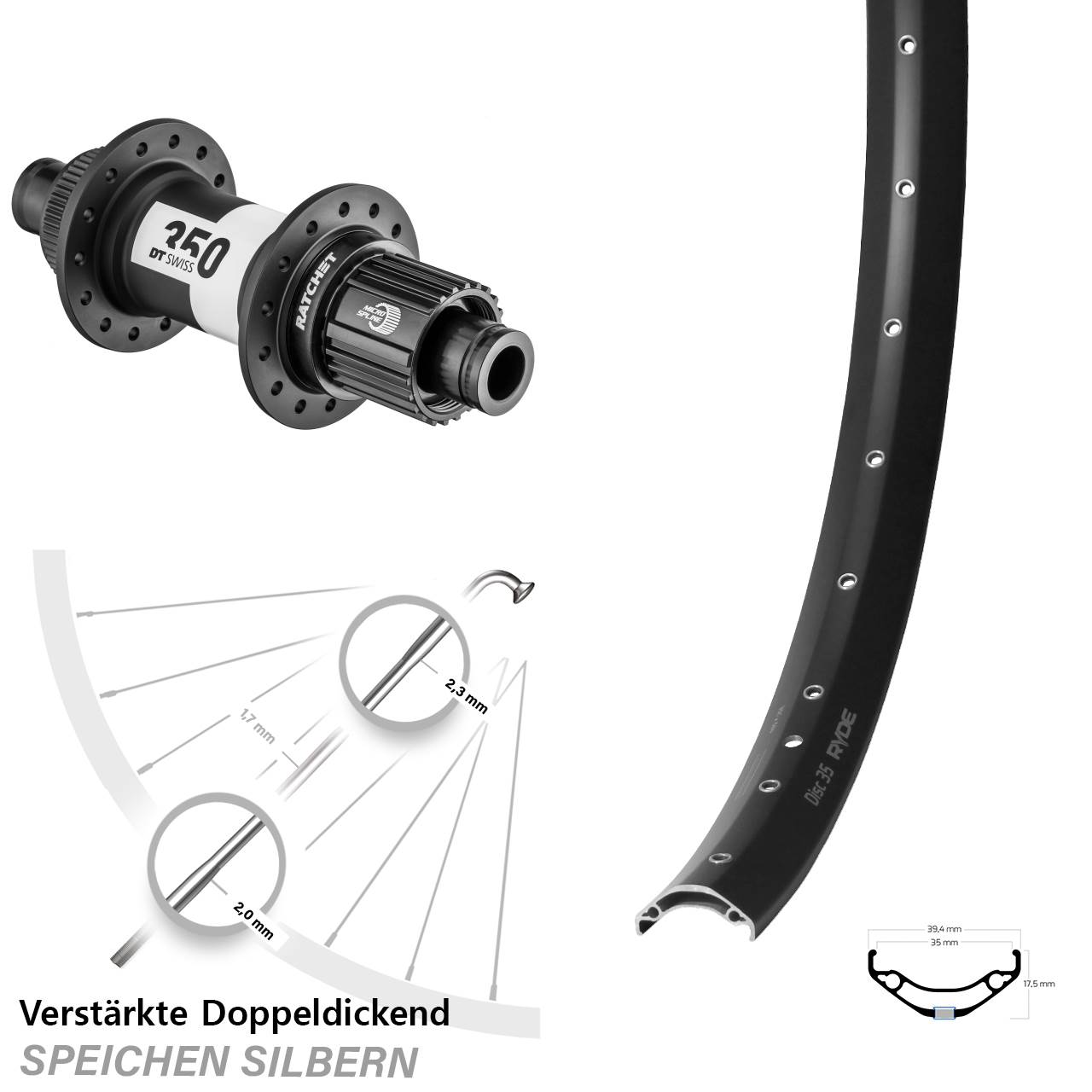 29 Zoll Ryde Disc 35 DT Swiss 350 Centerlock Hinterrad 12x148 Shimano Micro Spline