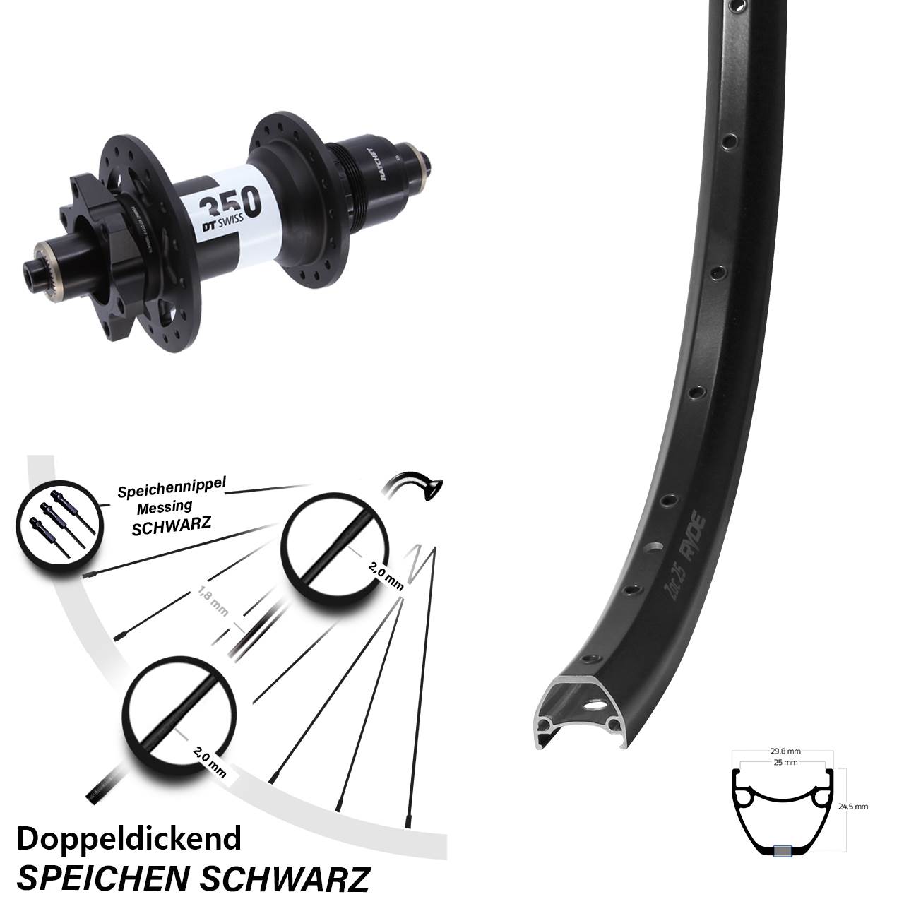 Hinterrad 6-Loch für Schnellspanner 28 Zoll Ryde ZAC 25 DT Swiss 350 XD 11-12 fach