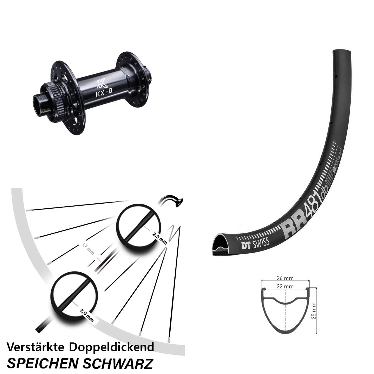 verstärktes Road 28 Zoll Vorderrad DT Swiss RR 481 Disc Centerlock KX-Boost 12x110 mm