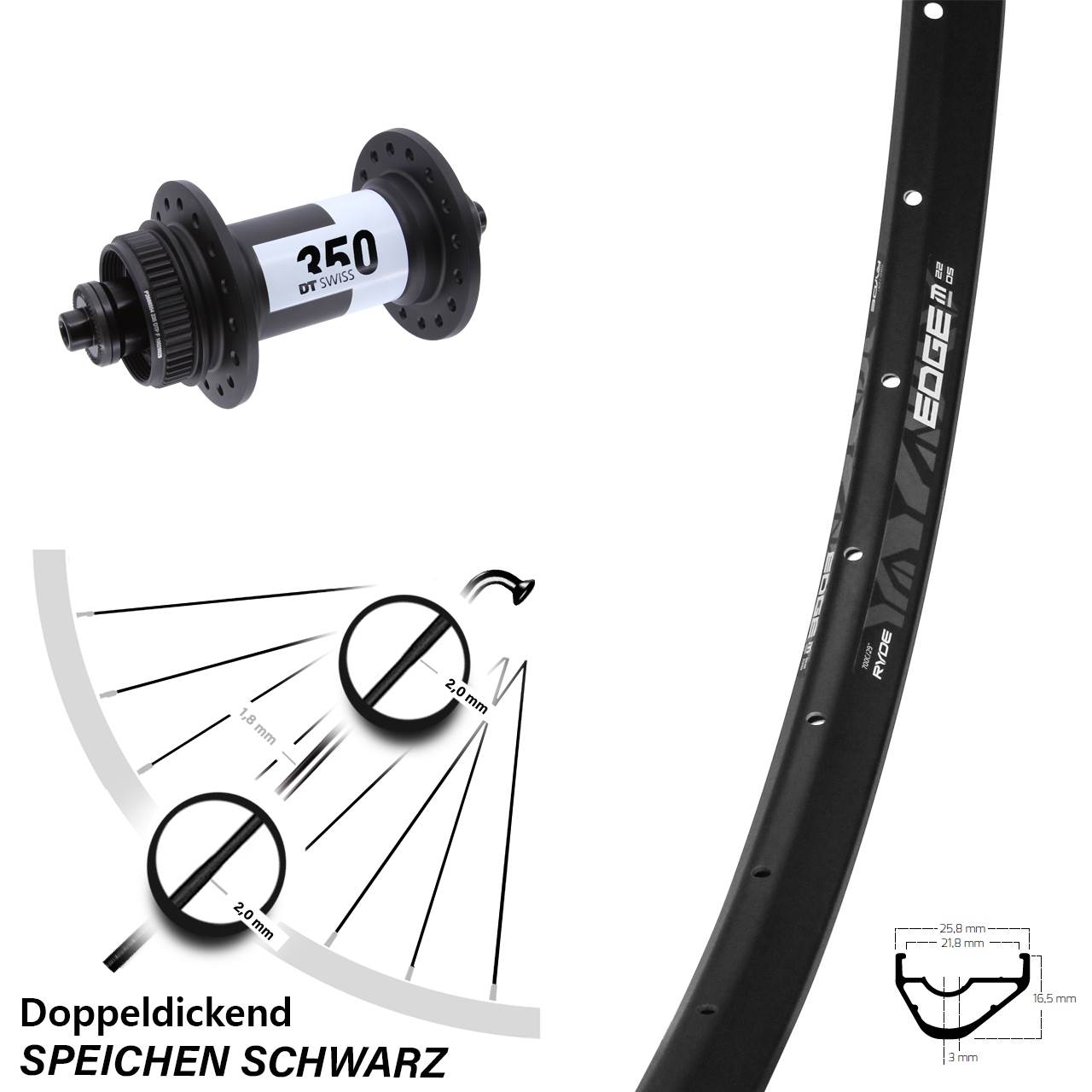 Vorderrad 29 Zoll Ryde Edge M22 DT Swiss 350 Centerlock QR