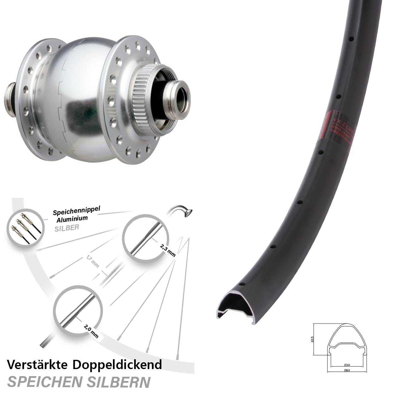 Nabendynamovorderrad Centerlock 12x100 28-29 Zoll KX Clue SON 28 silbern