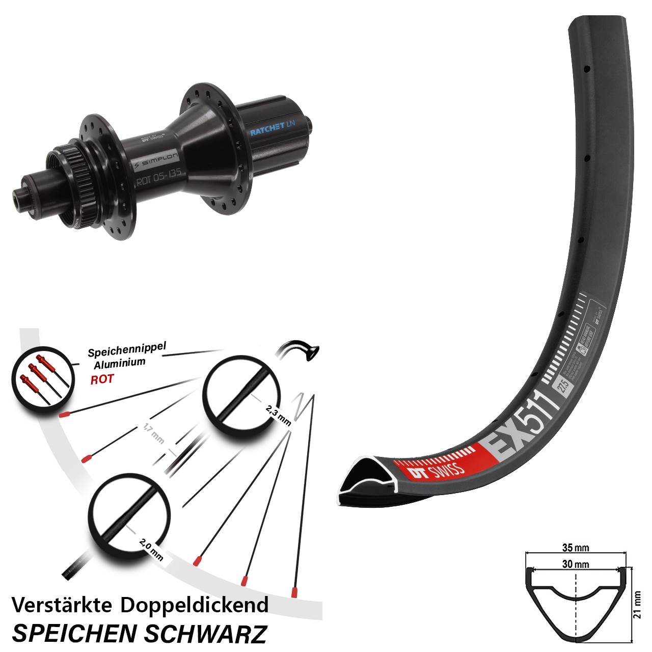 DT Swiss EX511-370 Hybrid 27,5 Zoll Disc Laufrad für Schnellspanner 8-11 fach