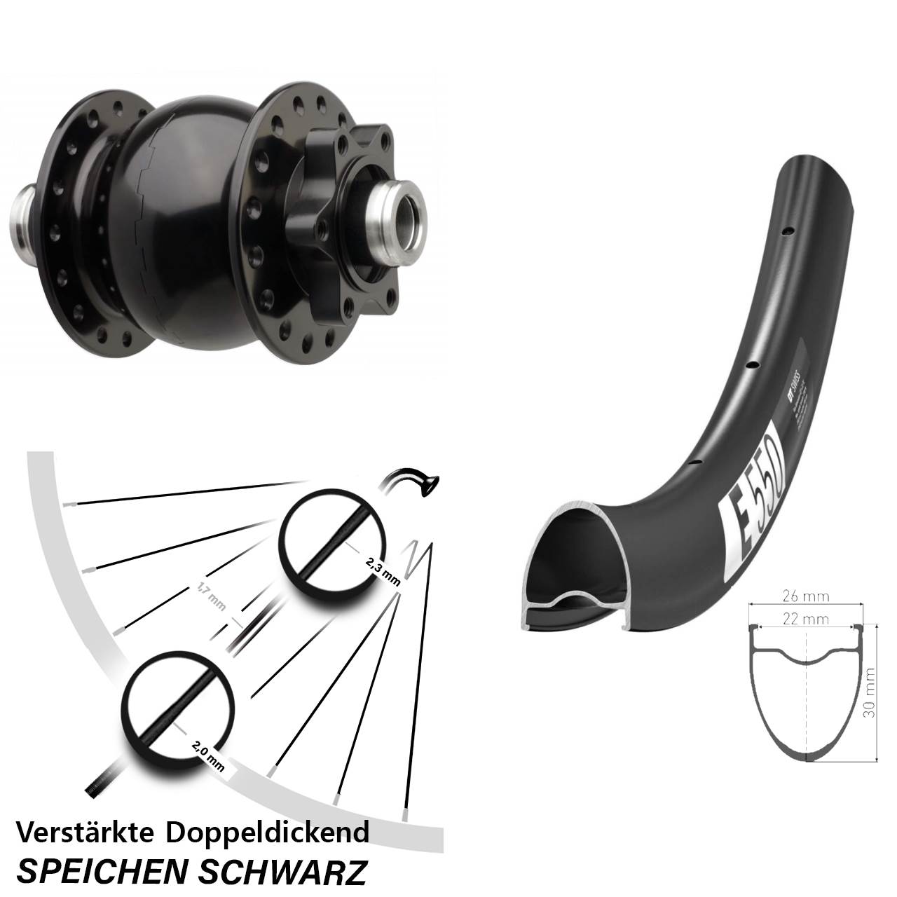 Nabendynamovorderrad 6-Loch 28 Zoll DT Swiss E550 SON28 12x110 Boost