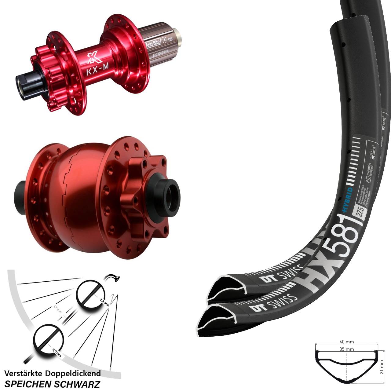 DT Swiss HX581 KX-M rot SON 28 27,5 Zoll Disc Laufradsatz 15x100 12x142 8-12 fach