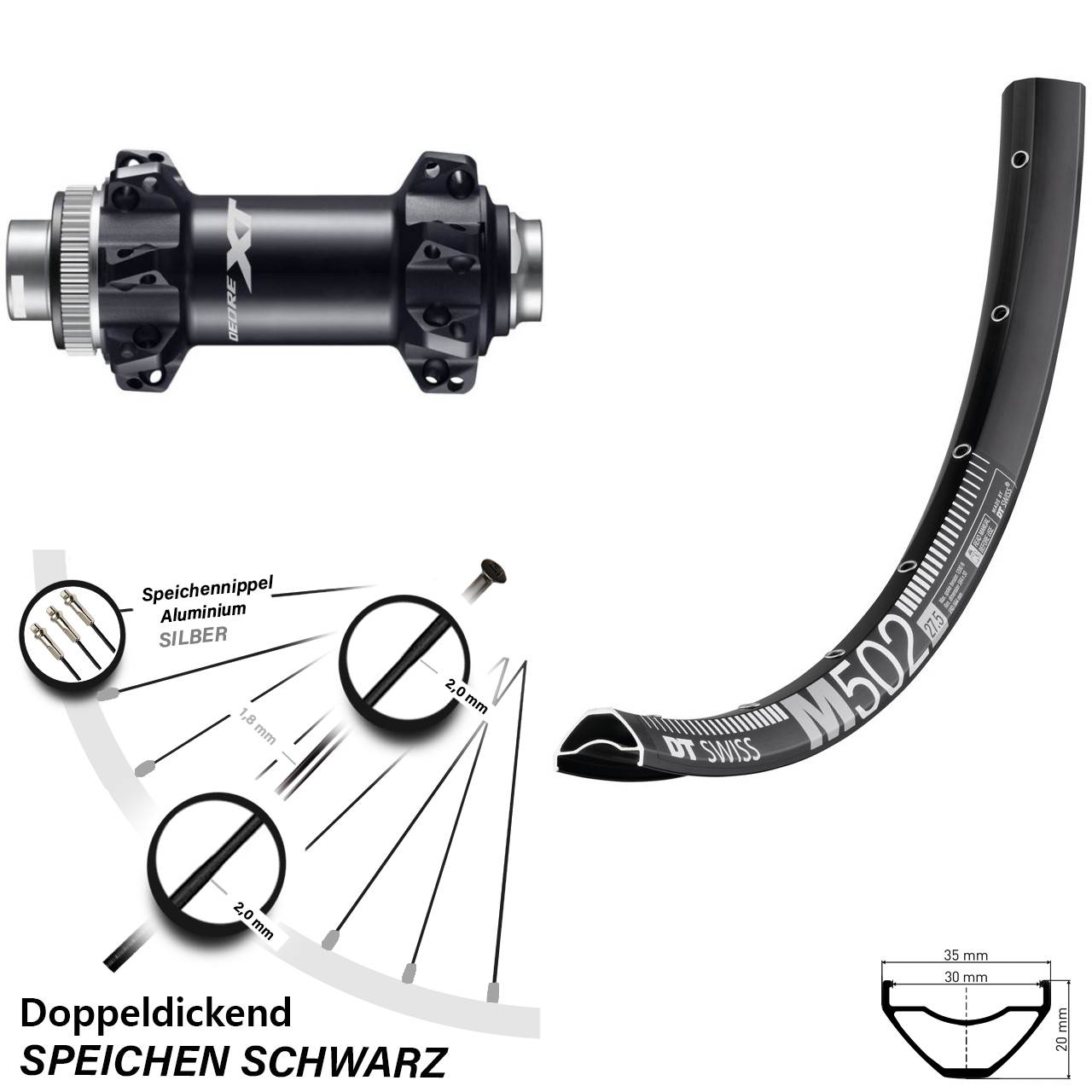 DT Swiss M 502 Vorderrad 27,5 Zoll Shimano Deore XT HB-M8110 Boost Straightpull