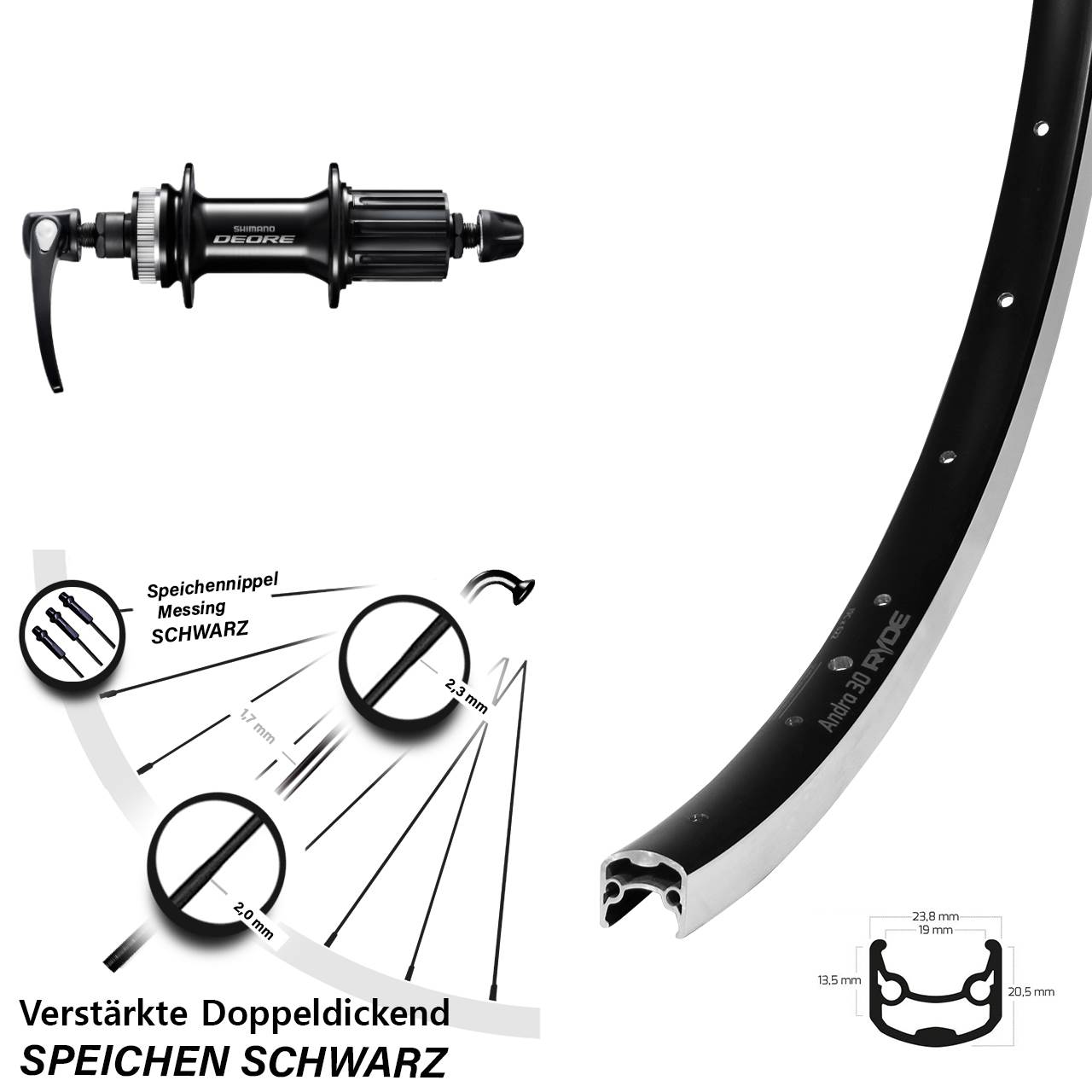 Hinterrad 28 Zoll Ryde Andra 30 Shimano Deore 8-11 fach HG für Schnellspanner