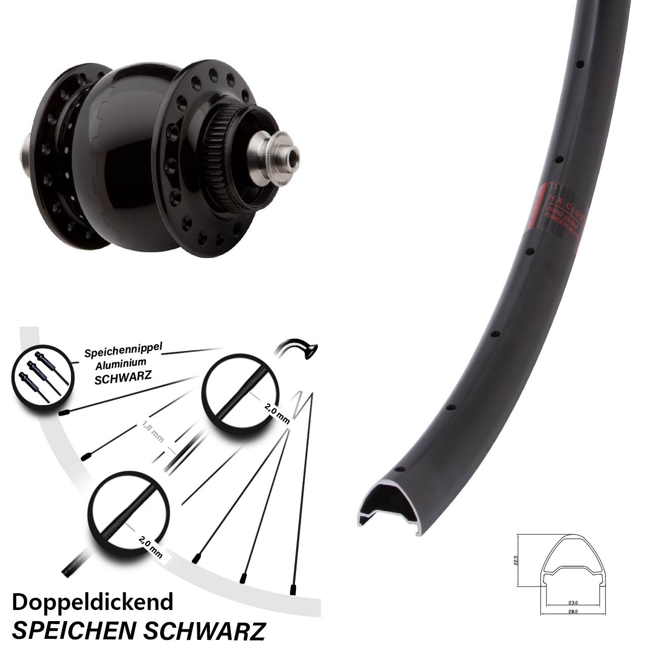 26 Zoll KX Clue SON 28 Centerlock Vorderrad mit Nabendynamo QR