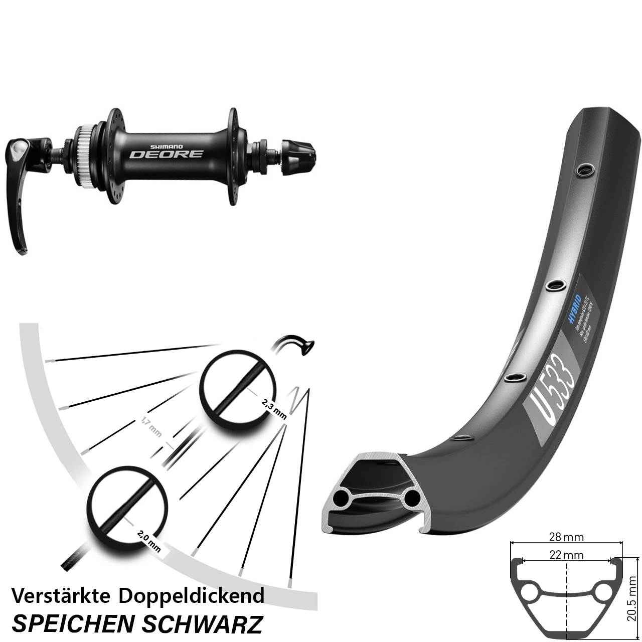 Disc Laufrad 650B DT Swiss U533 Shimano Deore für Schnellspanner