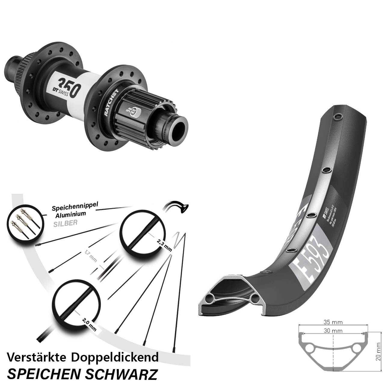 29 Zoll DT Swiss E 593-350 Hinterrad Centerlock 12x142 Micro Spline
