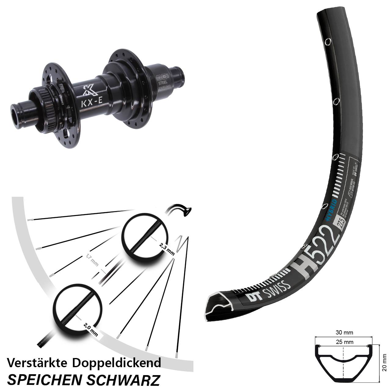 Boost 27,5 Zoll Hinterrad Centerlock 12x148 mm DT Swiss H522 KX-E Heavy Duty XD