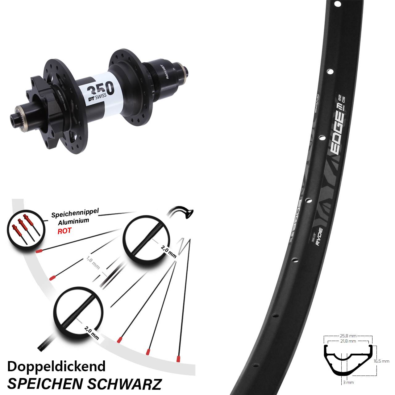 Ryde Edge M22 OS DT Swiss 350 28-29 Zoll Hinterrad 6-Loch QR SRAM XD