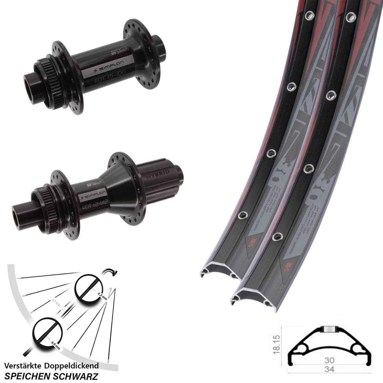 Laufradsatz Centerlock 15x100 12x142 29 Zoll Rodi TRYP 30 DT Swiss 370 Hybrid 8-11 fach