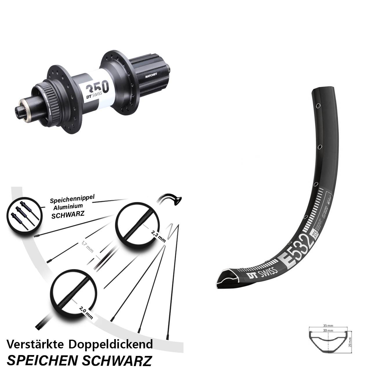 DT Swiss E532-350 Ratchet 36 27,5 Zoll Hinterrad für Schnellsp. 8-11 fach HG