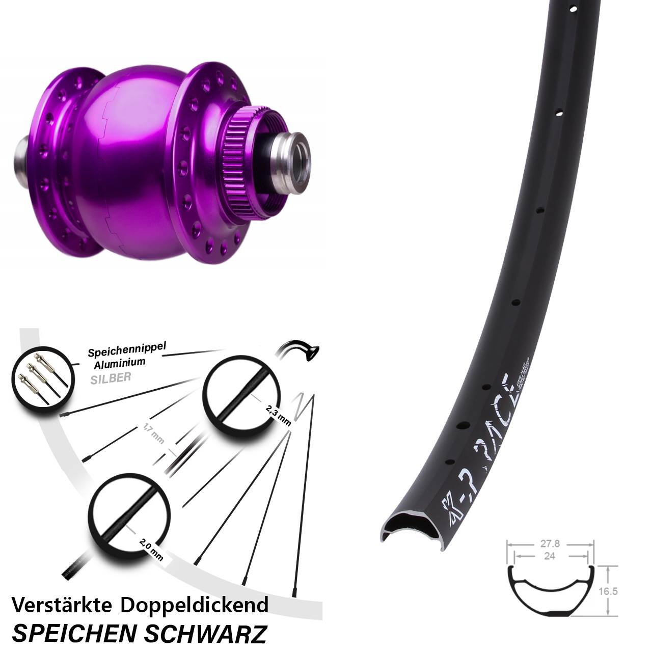 28-29 Zoll SON 28 violett KX-R Race Zoll Disc Vorderrad mit Nabendynamo 12x100