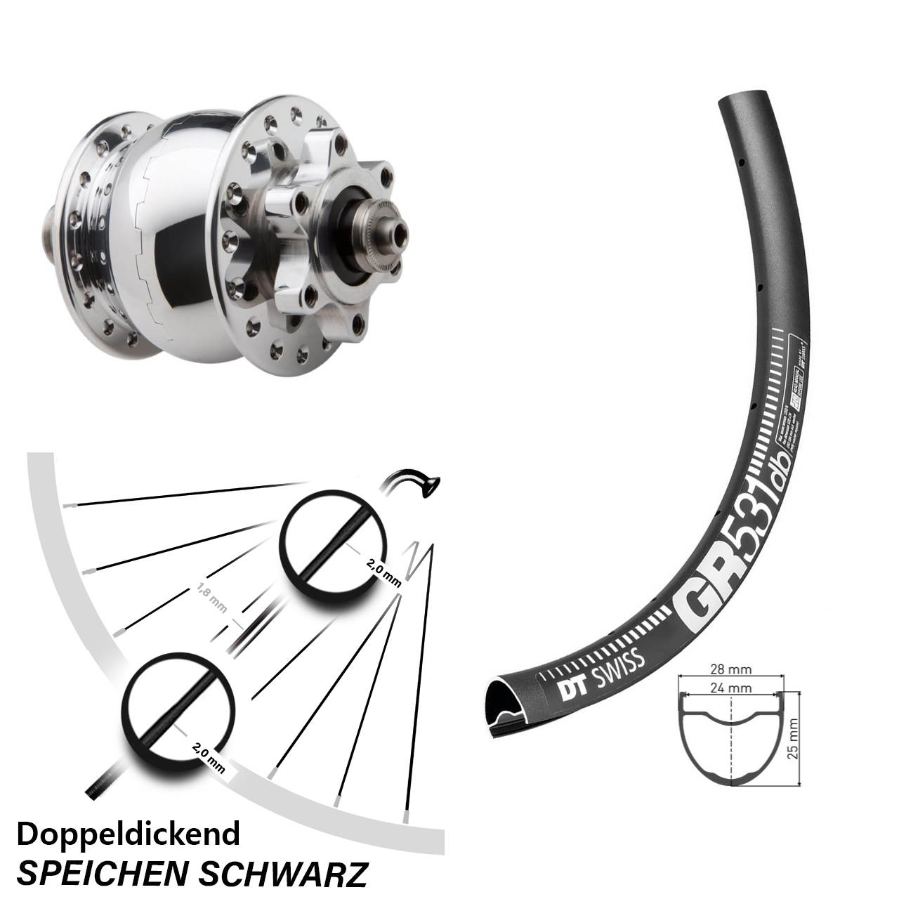 Nabendynamovorderrad 6-Loch QR 650B DT Swiss GR 531 SON 28 poliert