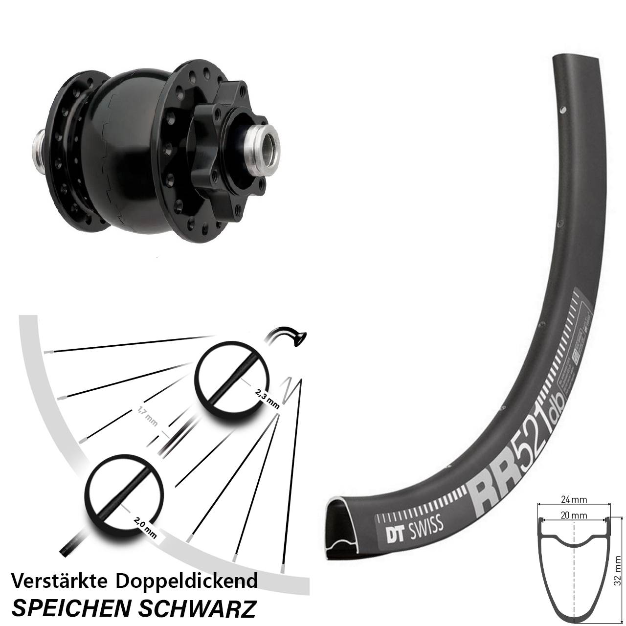 SON 28 Zoll DT Swiss RR521 6-Loch Nabendynamovorderrad 12x100