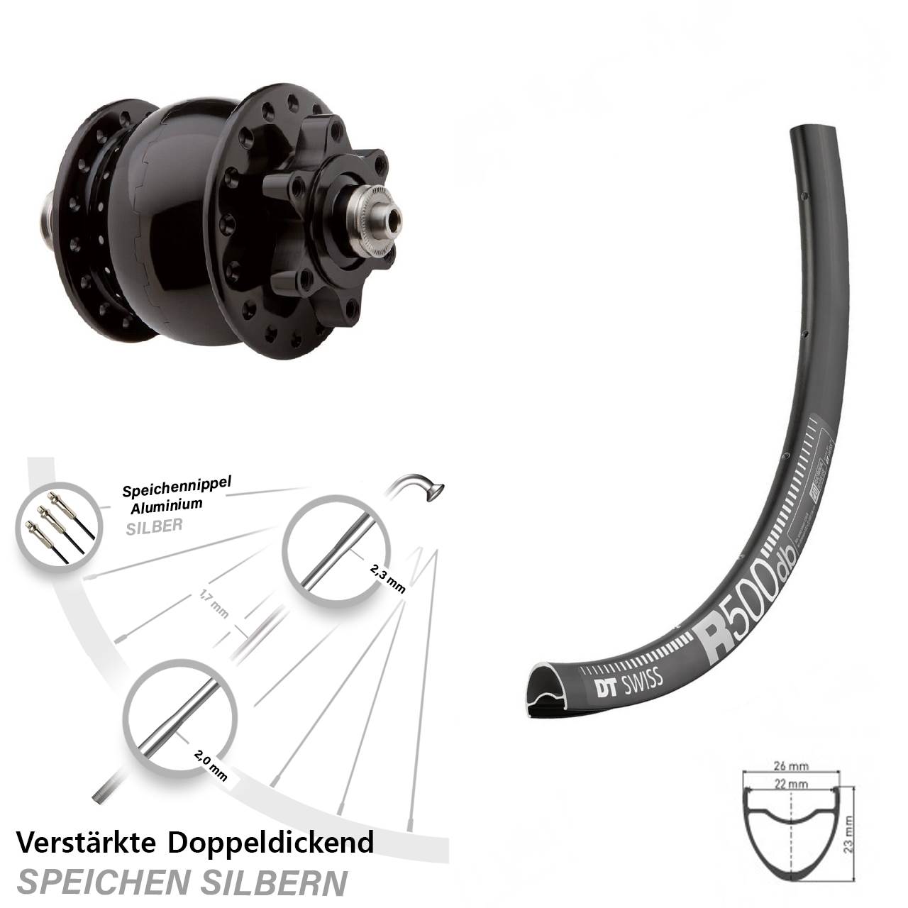 Nabendynamovorderrad 6-Loch 29 Zoll DT Swiss R 500 SON 28 für Schnellspanner
