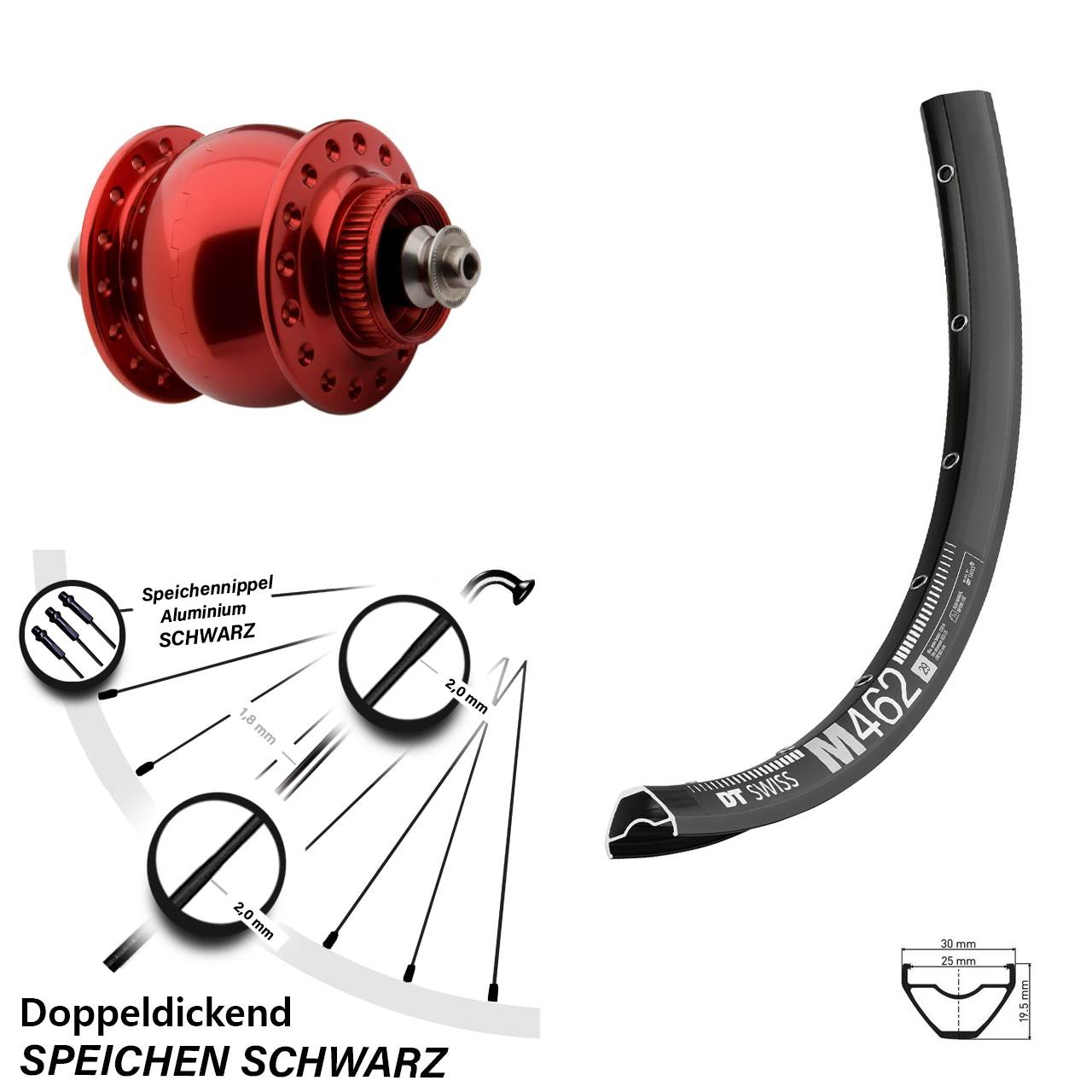 27,5 Zoll DT Swiss M462 SON delux rot Disc Nabendynamovorderrad QR
