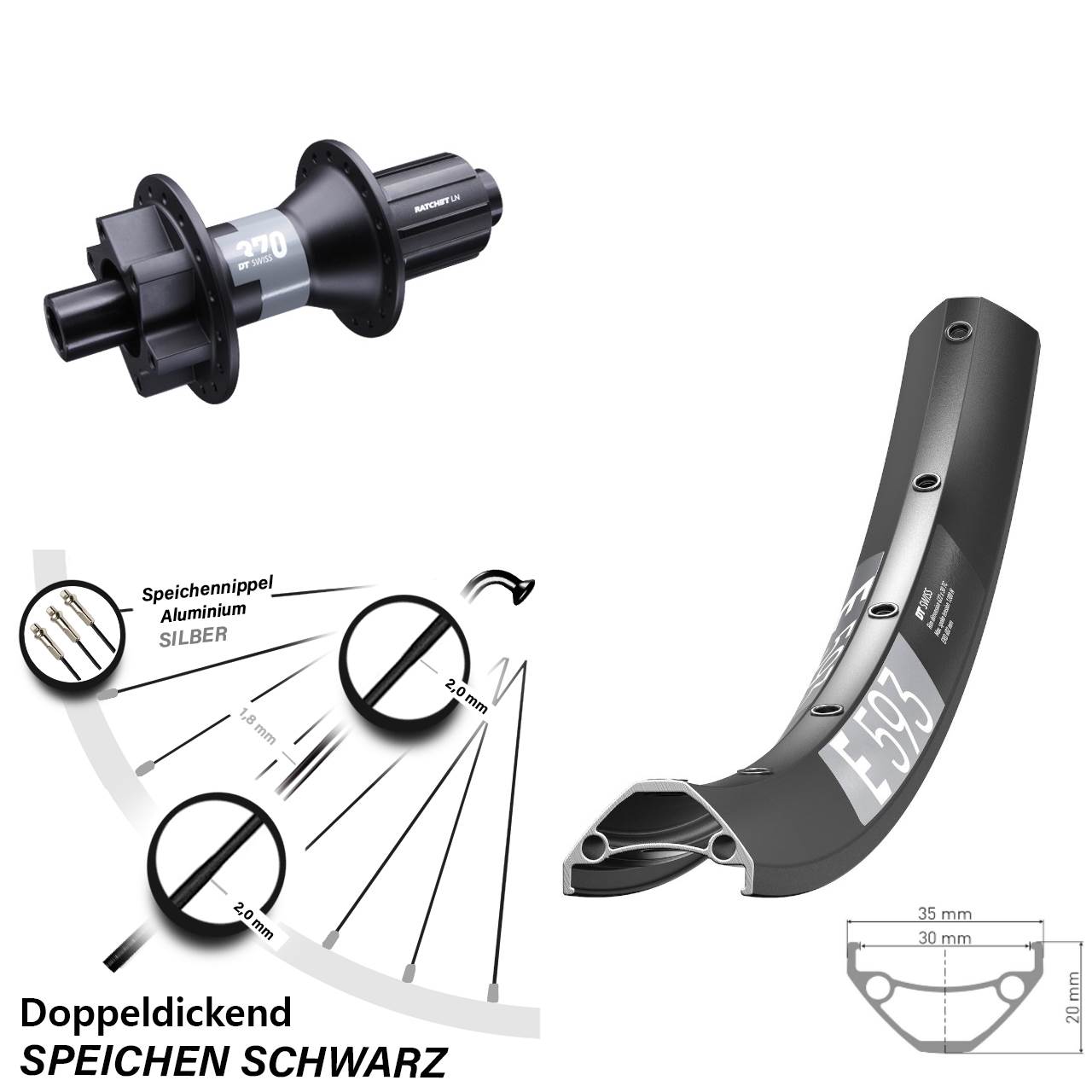 DT Swiss E593-370 29 Zoll 6-Loch Hinterrad 12x142 8-11 fach