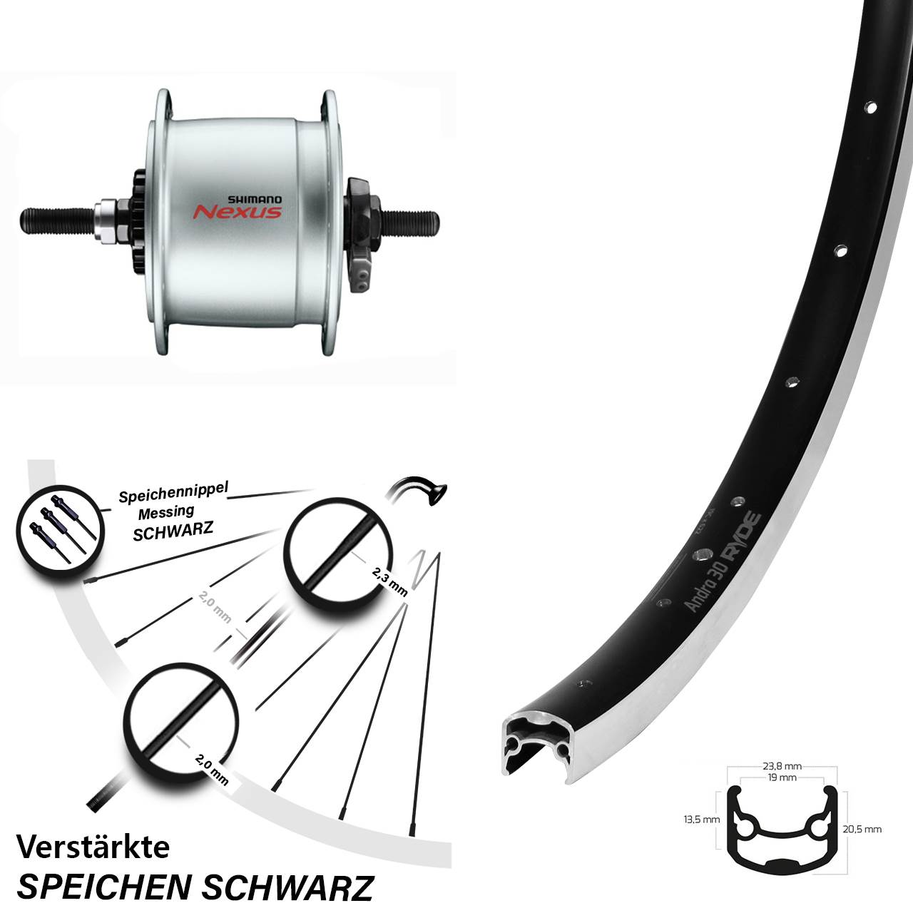 Ryde Andra 30 Shimano DH-C6000-3R Nexus 26 Zoll Nabendynamovorderrad Vollachse