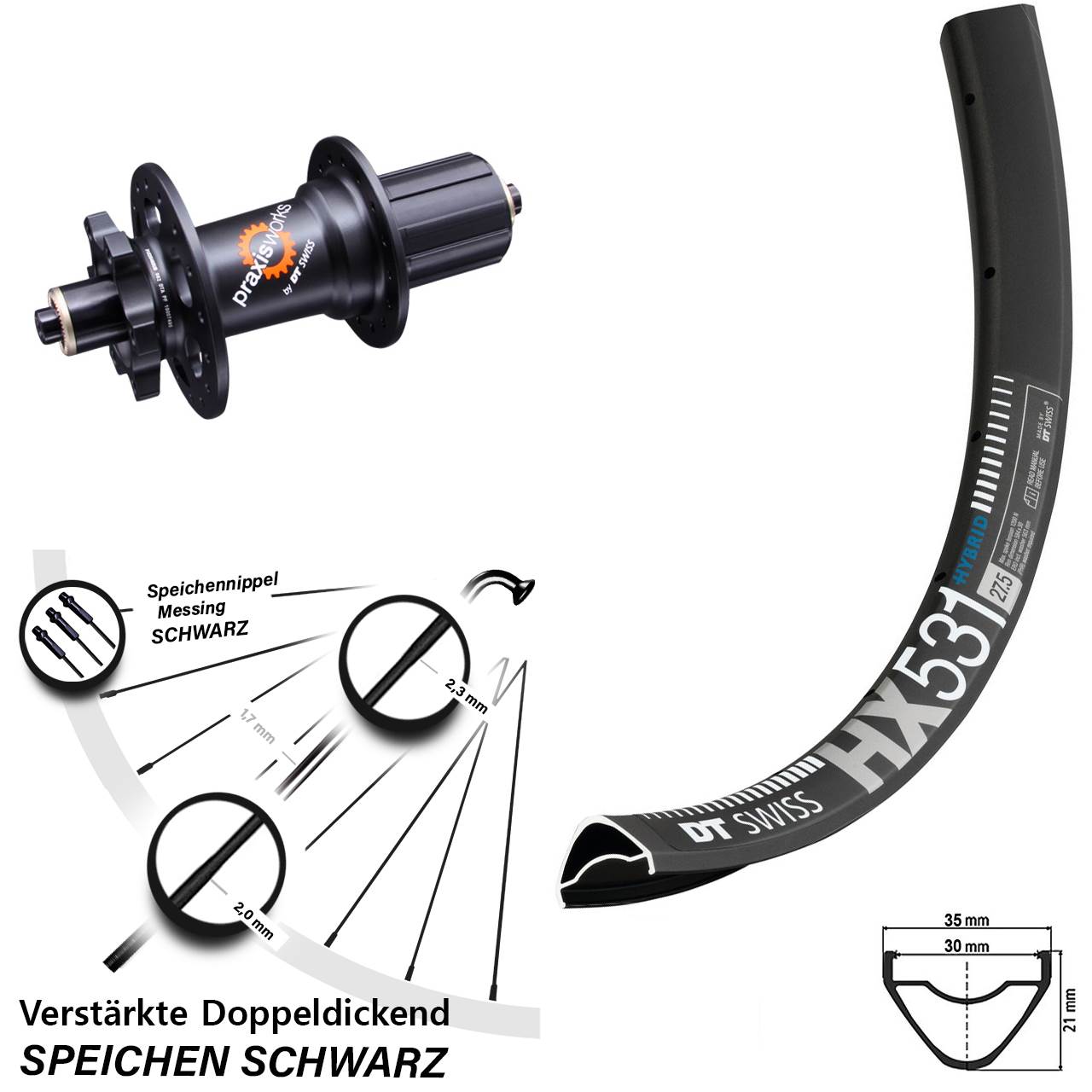 Hinterrad 29 Zoll DT Swiss HX531 350 6-Loch 5x135 HG 8-11 fach QR