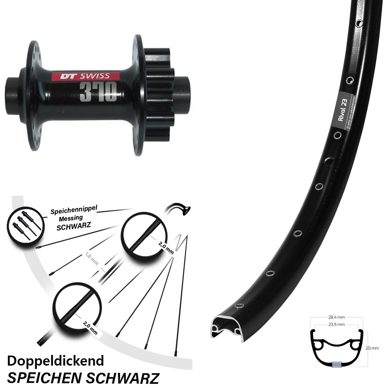 650B Ryde Rival 23 DT Swiss 370 Vorderrad 6-Loch 15x100