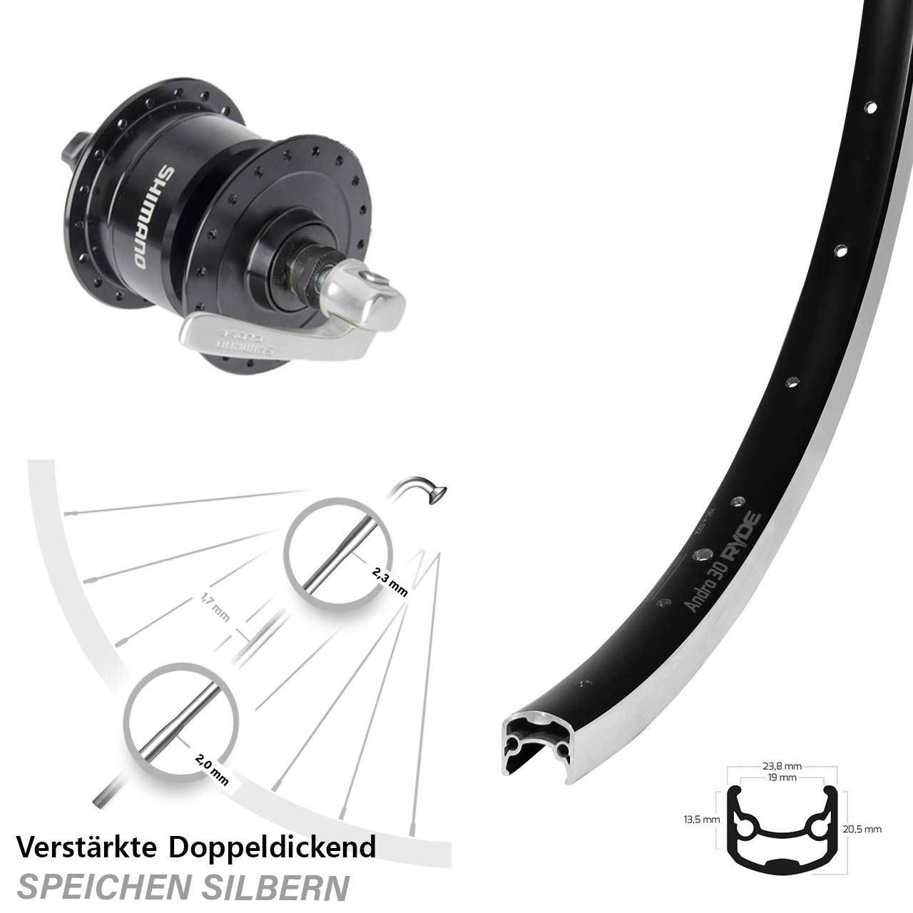Vorderrad mit Shimano DH-3N72 Nabendynamo 26 Zoll Ryde Andra 30