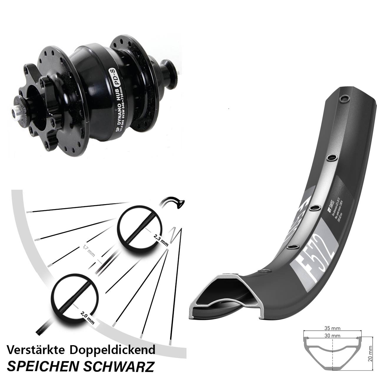 Nabendynamovorderrad 6-Loch 29 Zoll DT Swiss F 572 Shutter PD-8 für Schnellspanner