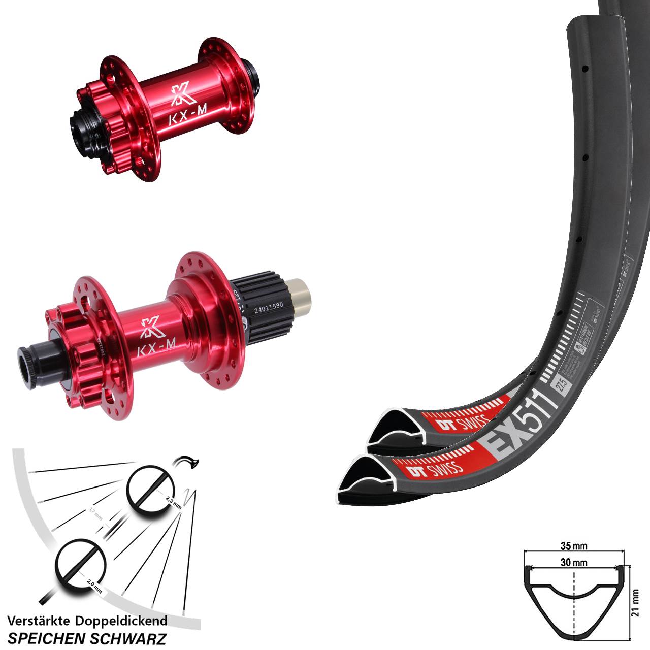 Disc Laufrad-Satz 12x100/142 29 Zoll DT Swiss EX511 KX-M rot Micro Spline