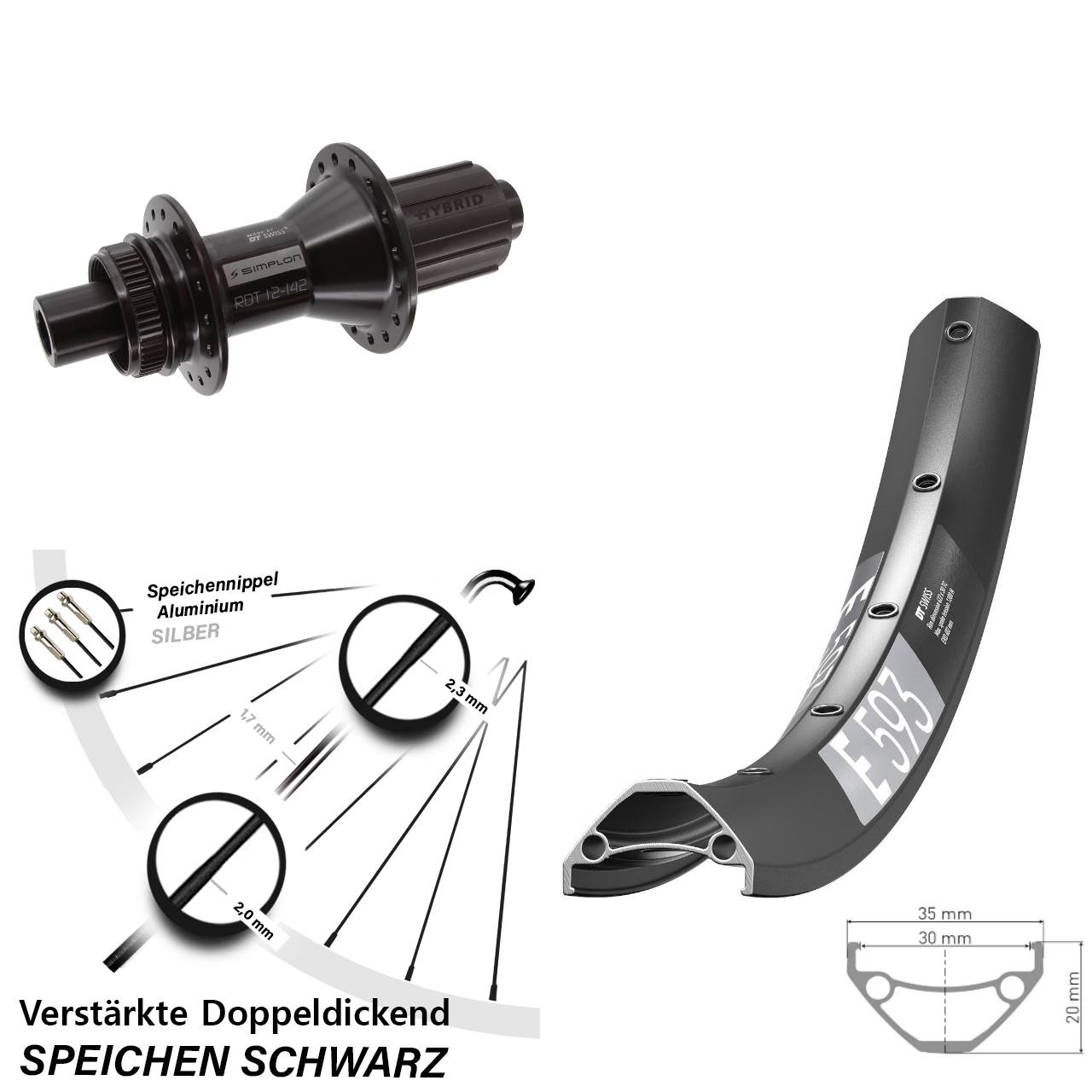 DT Swiss E 593-370 Hybrid 29 Zoll Hinterrad Centerlock 12x142 8-11 fach HG