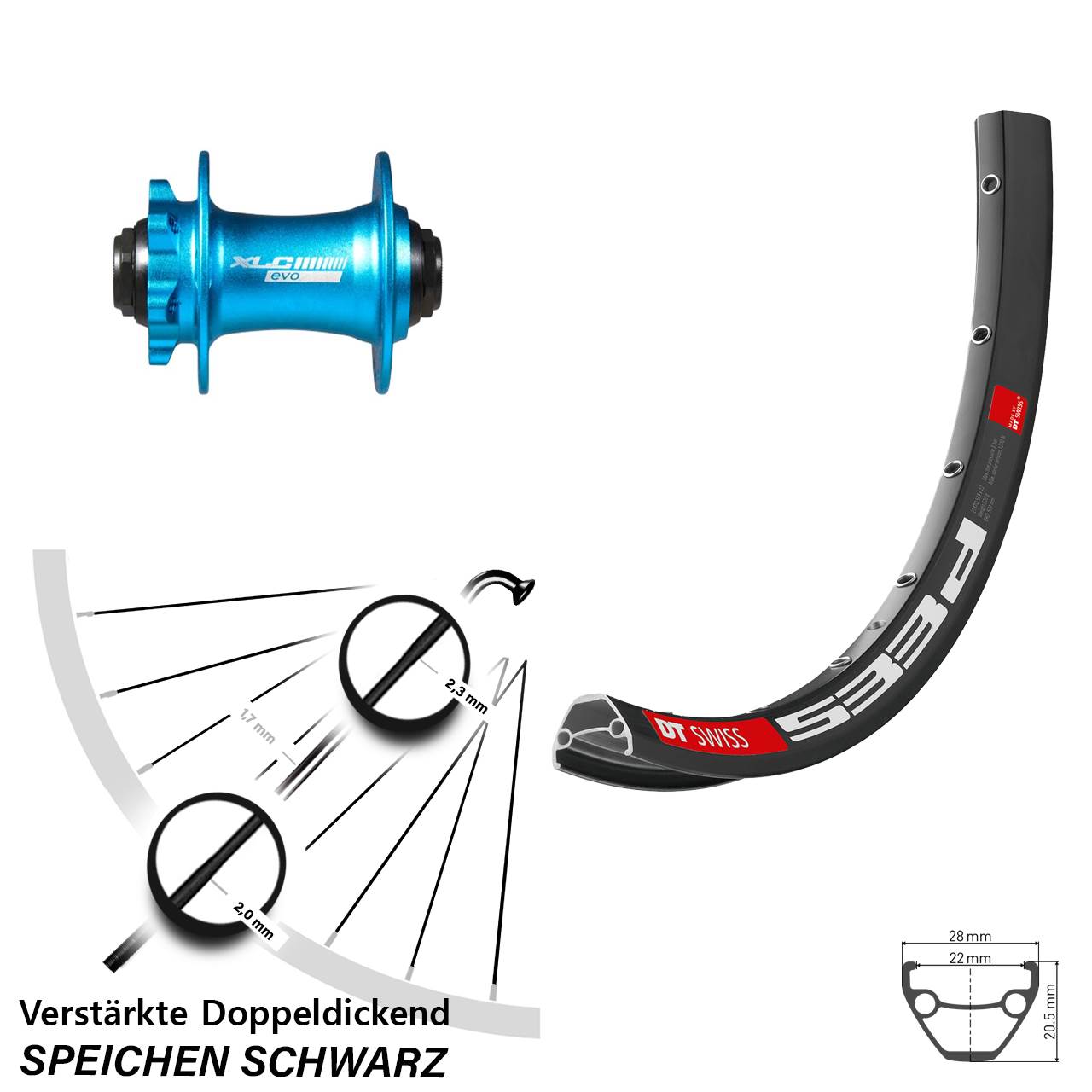 6-Loch Vorderrad 15x100 28-29 Zoll DT Swiss 533d XLC blau