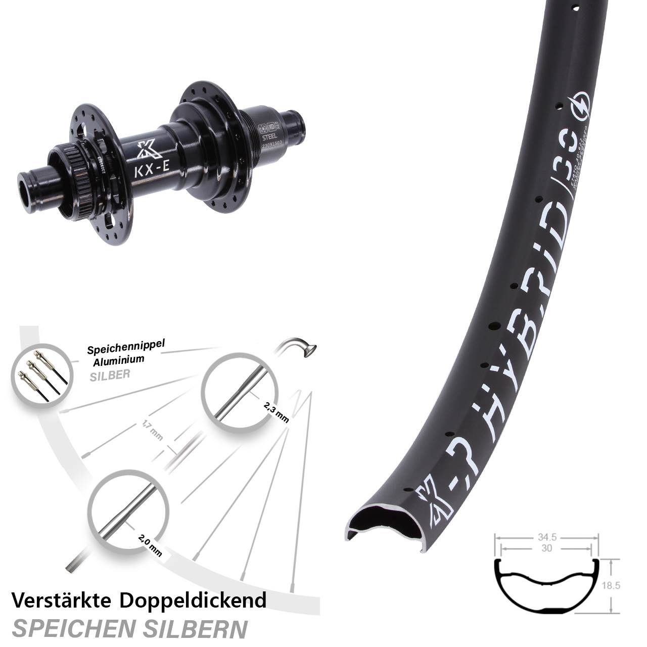 29 Zoll KX-R Hybrid 30 Boost Hinterrad E-Bike Centerlock 12x148 Sram XD