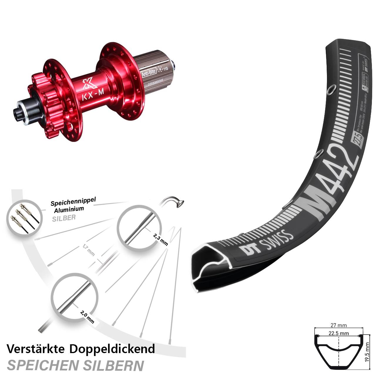 6-Loch Hinterrad 28-29 Zoll DT Swiss M442 KX-M rot 8-12 fach für Schnellspanner