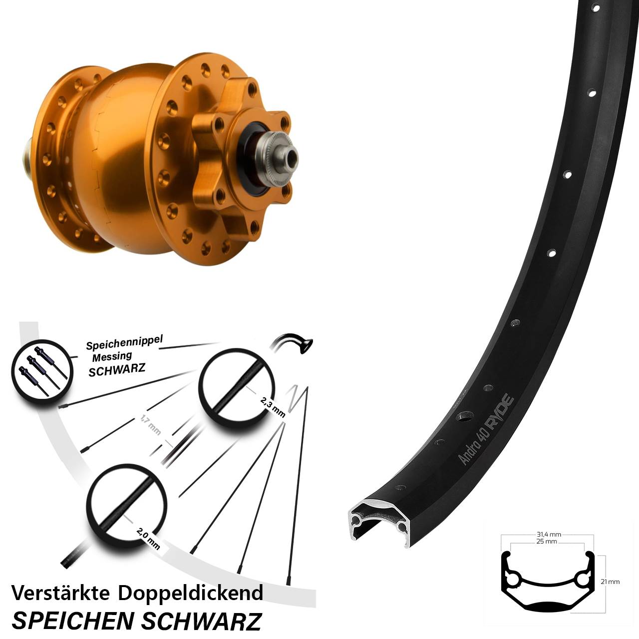 SON 28 orange Ryde Andra 40 650B Disc Laufrad mit Nabendynamo QR