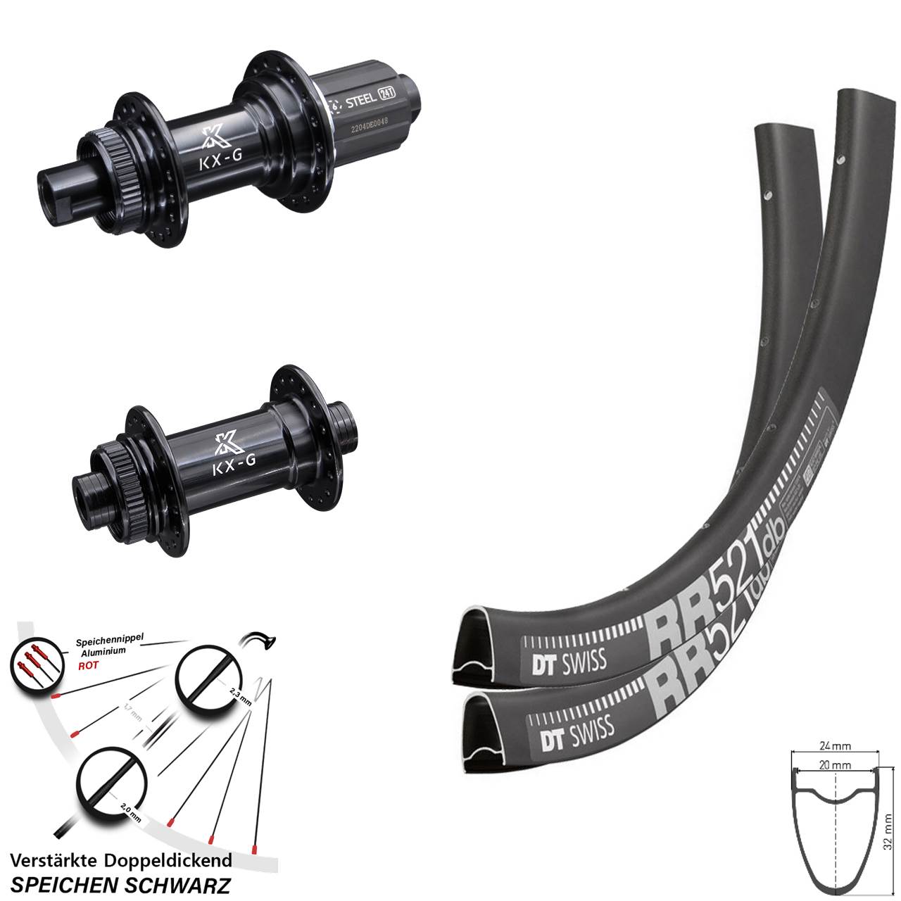 28 Zoll Laufradsatz DT Swiss R 500 Steckachse KX-GS Nabe Centerlock verstärkt 8-12 fach