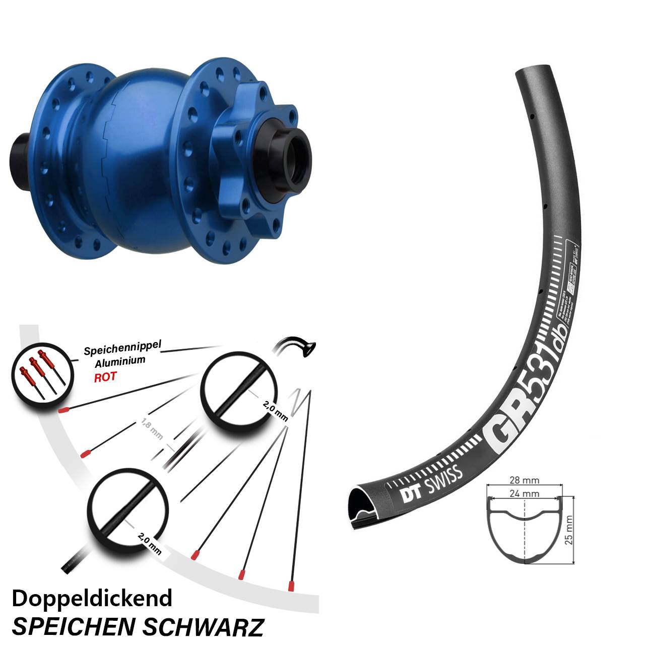 Disc Laufrad mit Nabendynamo 27,5 Zoll DT Swiss GR531 SON 28 blau 15x110 Boost