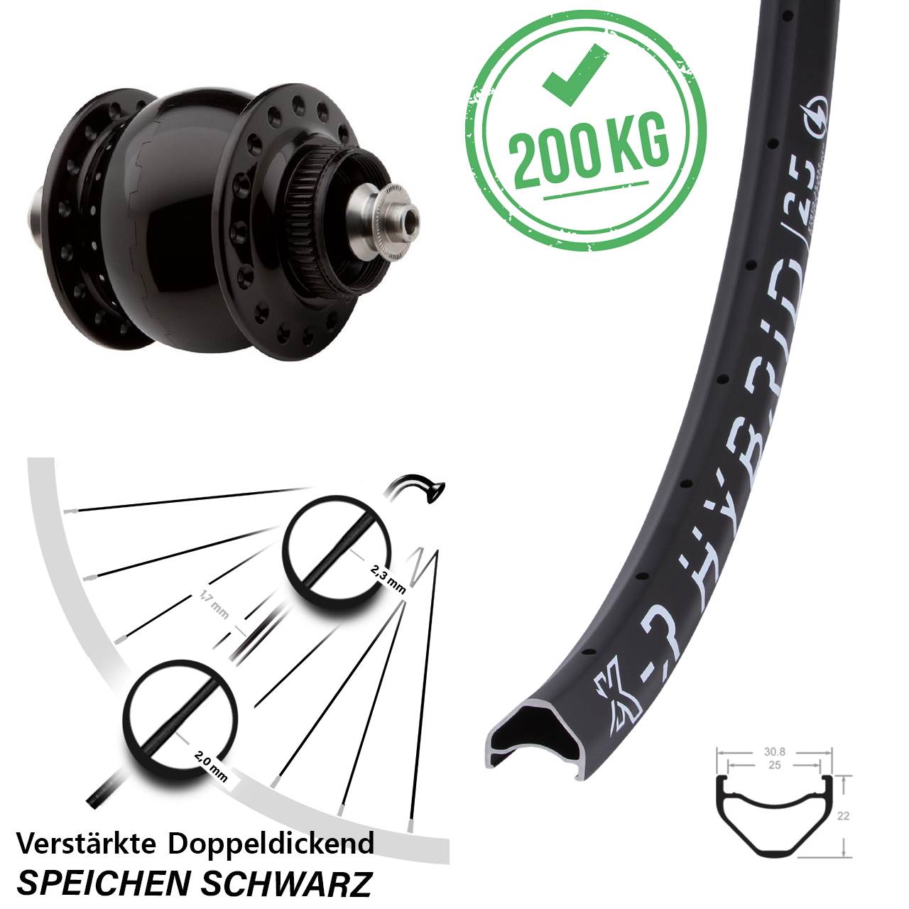 Vorderes Rad Nabendynamo SON 28 KX-R Hybrid 25-622 ETRTO Centerlock Schnellspanner